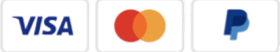 Icons of Visa, Mastercard, and PayPal logos.